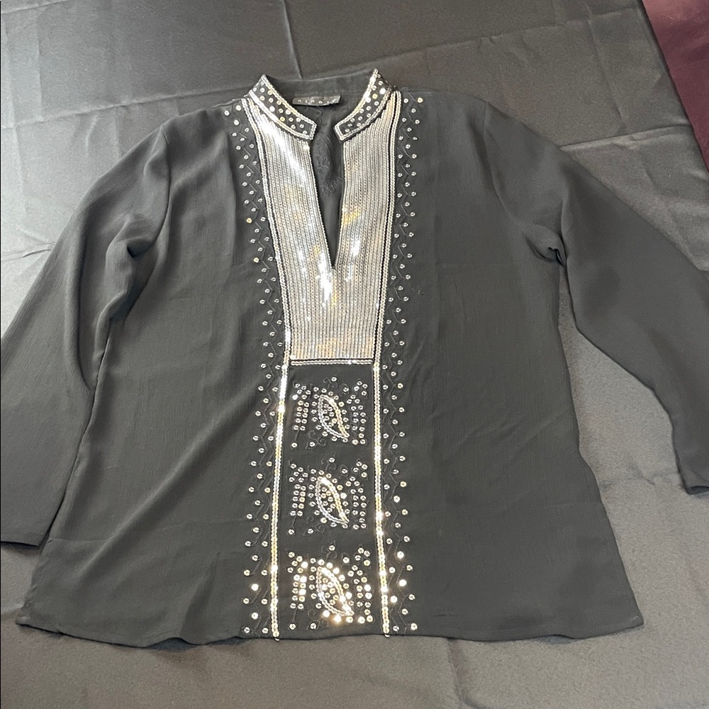 Sequin Embellished embroidered Black Women's tunic Top sparkly metallic blouse